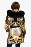 Versace Black/Yellow/White Fur Hooded Baroque Print Down Coat Size 38