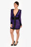Balmain Black/Purple Lace Zip Up Shoulder Padded Long Sleeve Dress Size  38