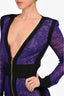 Balmain Black/Purple Lace Zip Up Shoulder Padded Long Sleeve Dress Size  38