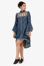 Andrew Gn Blue Denim Ruffle Detailed High Neck Long Sleeve Dress Size 36