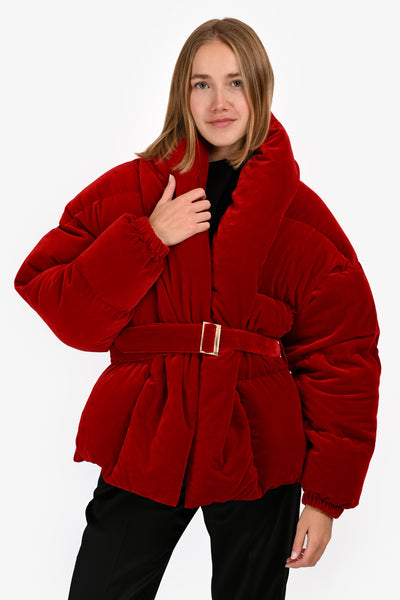 Belted Puffer Red Down Jacket With Fur Hood Women's Puffer Jacket With Faux Fur Hood And Gold Belt Red Outerwear – 