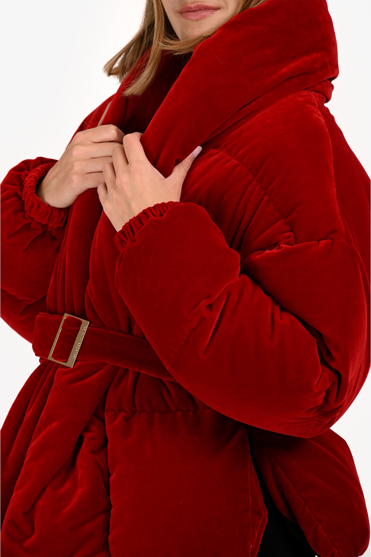Alexandre Vauthier Red Velvet Down Belted Puffer Jacket Size