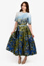 Oscar de la Renta Blue/Green Cotton Flower Field Print Midi Dress Size XS