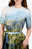 Oscar de la Renta Blue/Green Cotton Flower Field Print Midi Dress Size XS