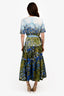 Oscar de la Renta Blue/Green Cotton Flower Field Print Midi Dress Size XS