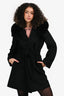Max Mara Studio Black Wool/Fox Fur Hooded Midi Coat Size 2
