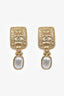 Pre-Loved Chanel™ 2021 Gold Toned Crown CC Plaque Faux Pearl Drop Earrings
