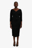 Fendi Black Wool V Neck Long Sleeve Midi Dress Size 40