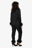 Nadine Merabi Black Silk Feather Trim Blazer & Pant Set Size XS