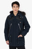 The Kooples Sport Navy/Black Leather/Rabbit Fur Hooded Coat Size L Mens