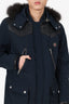The Kooples Sport Navy/Black Leather/Rabbit Fur Hooded Coat Size L Mens