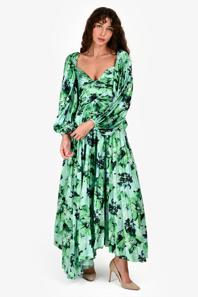 Acler Green Satin 'Larimer' Floral Long Sleeve Midi Dress Size S Acler Green Satin 'Larimer' Floral Long Sleeve Midi Dress Size S