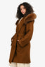 Max Mara Studio Brown Wool Fur Hooded Belted Midi Coat Size 8