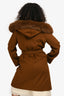 Max Mara Studio Brown Wool Fur Hooded Belted Midi Coat Size 8