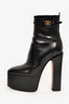 Valentino Black Leather 'V' Platform Heeled Boots Size 38