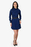 Maje Blue/Black Checked Ruffle Mock Neck Long Sleeve Dress Size 1