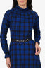 Maje Blue/Black Checked Ruffle Mock Neck Long Sleeve Dress Size 1
