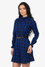 Maje Blue/Black Checked Ruffle Mock Neck Long Sleeve Dress Size 1