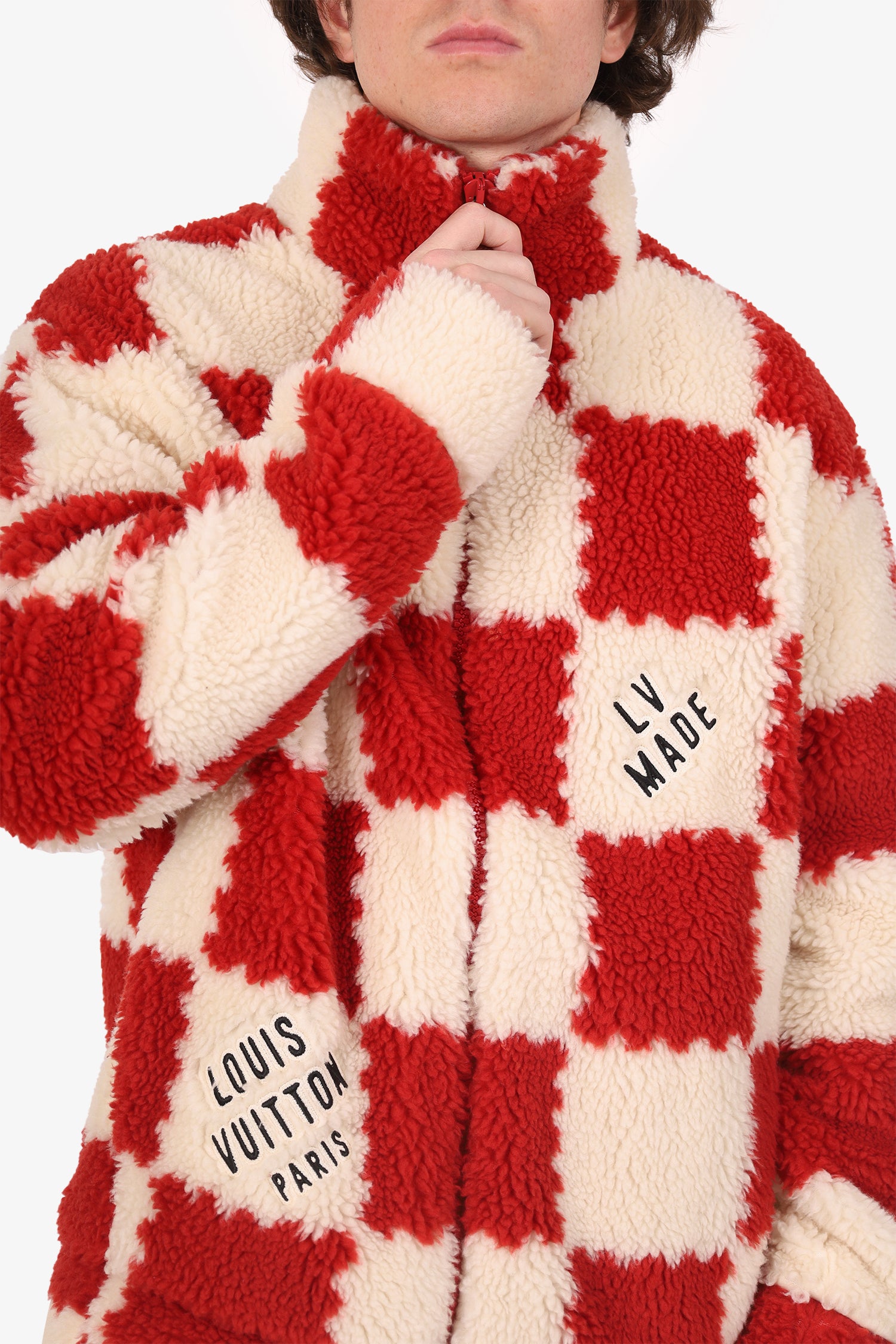Louis Vuitton x Nigo 2022 Cream/Brick Red Checkered Fleece Zip-Up