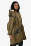 Burberry London Military Green Leather Detail Hooded Coat Size 0 US