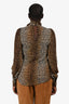D&G Dolce & Gabbana Brown/Black Leopard Printed Sheer Silk Blouse with Rosette Size 40 IT