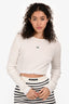 Miu Miu 2021 White Cotton Ribbed Logo Long Sleeve Cropped Top Size S