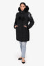 Moose Knuckle Black Leather/Fur Trimmed Crystal Logo Down Parka Coat Size M