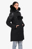 Moose Knuckle Black Leather/Fur Trimmed Crystal Logo Down Parka Coat Size M