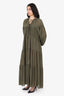 Matteau Khaki Green Silk Sheer Tiered Maxi Dress Size 6