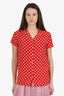 Burberry Red/White Polka Dot Silk Short Sleeve Button Down Blouse Size 4