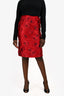 Oscar De La Renta Red Silk Blend Floral Applique Pencil Skirt Size 4