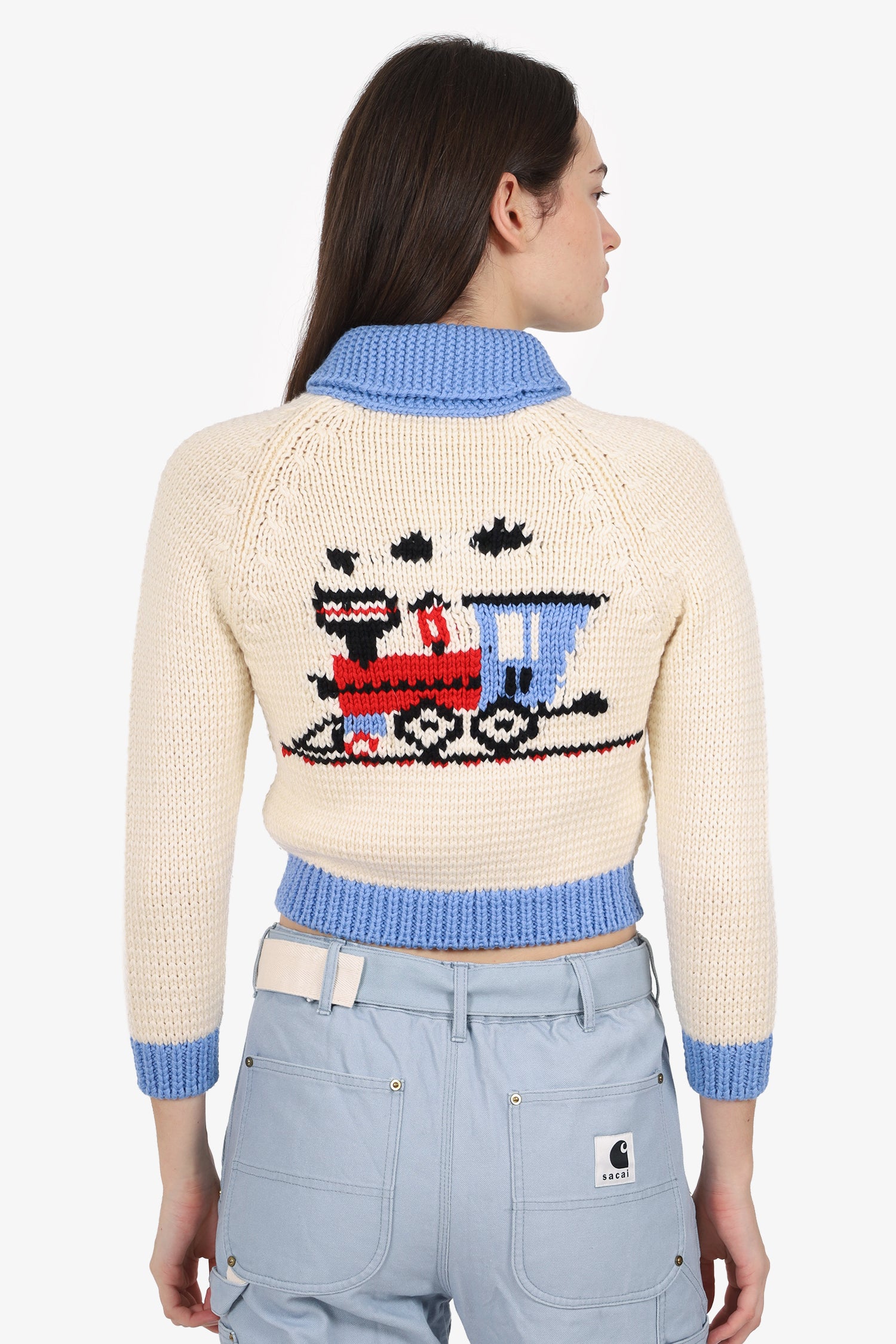 Miu Miu Cream/Blue Wool Train Knit 'Once Upon A Time' Zip Up