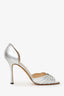 Manolo Blahnik Silver Leather Crystal Buckle Heels Size 41