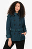 Burberry Brit Teal Nylon Double Breasted Removable Hood Trench Coat Size 8 US