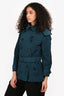 Burberry Brit Teal Nylon Double Breasted Removable Hood Trench Coat Size 8 US