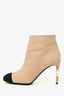 Pre-Loved Chanel Beige Black CC Cap Toe Pearl Heel Boots Size 39