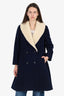 JW Anderson Navy Blue Wool Swing Coat With Cream Shearling Collar Size 8