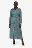 Gucci Blue/Beige Metallic Print Long Sleeve Button Down Maxi Dress Size M
