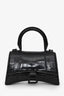 Balenciaga Black Croc Embossed XS Hourglass Top Handle Bag with Strap