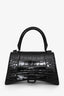 Balenciaga Black Croc Embossed Small Hourglass Top Handle Bag with Strap