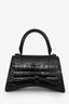 Balenciaga Black Croc Embossed Small Hourglass Top Handle Bag with Strap
