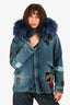 Mr & Mrs Italy Blue Denim Patch Embellished Fur Hooded Padded Jacket Size XXS