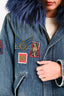 Mr & Mrs Italy Blue Denim Patch Embellished Fur Hooded Padded Jacket Size XXS