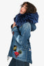 Mr & Mrs Italy Blue Denim Patch Embellished Fur Hooded Padded Jacket Size XXS