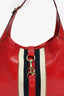 Gucci Red Leather Canvas Stripe Medium Jackie Bag