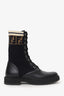 Fendi Black Leather Zucca Stretch Knit Combat Boots Size 38