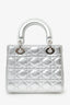 Christian Dior 2017 Silver Metallic Leather Cannage Small Lady Dior With Strap