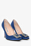 Manolo Blahnik Blue Satin Crystal Embellished Hangisi Heels Size 36.5