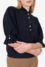 Ba&sh Navy Knit Puff Sleeve Ruffle Detail Top Size M
