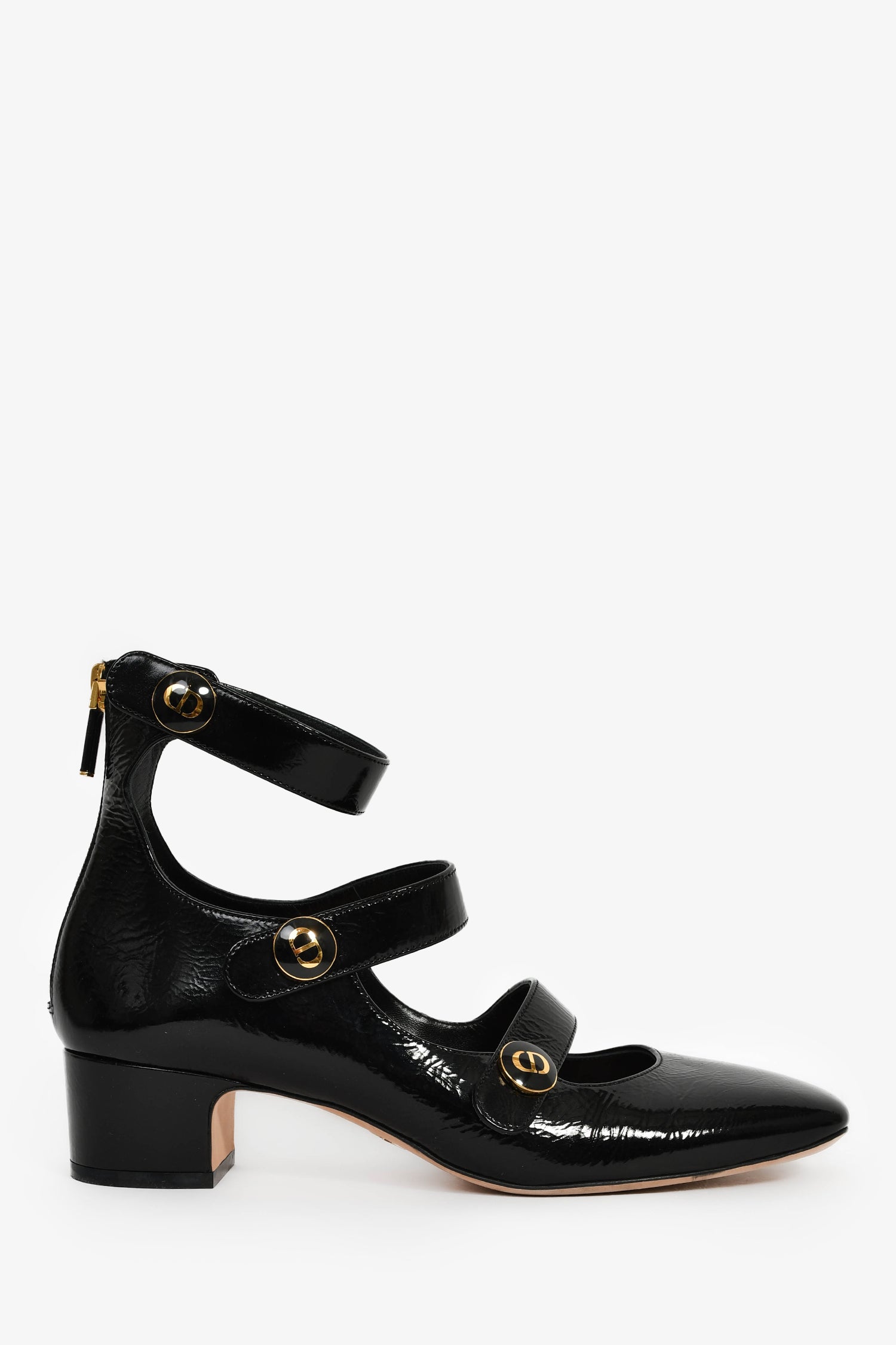 Christian Dior Black Patent Square Toe Strap Block Heels Size 38.5 ...